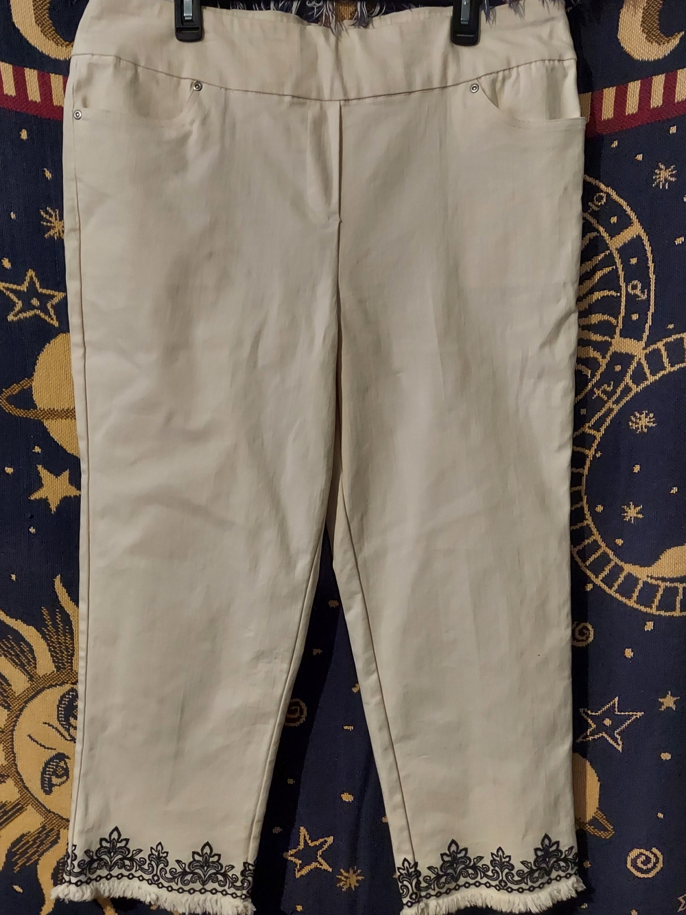 Cream Cropped Pants with Navy Blue Embroidered Hem